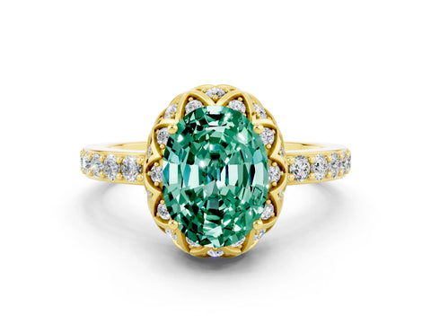 Yellow gold Oval Cut Diamond Solitaire Ring with Shared Prong Pavé Band