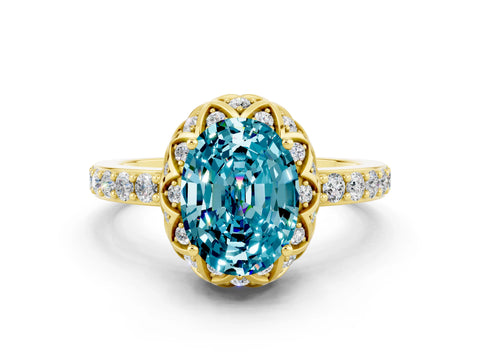 Yellow gold Oval Cut Diamond Solitaire Ring with Shared Prong Pavé Band