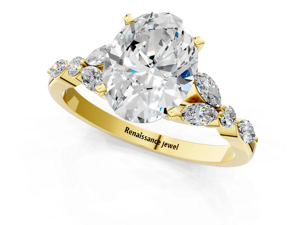 Yellow Gold Oval Marquise Side Stone Engagement Ring Setting