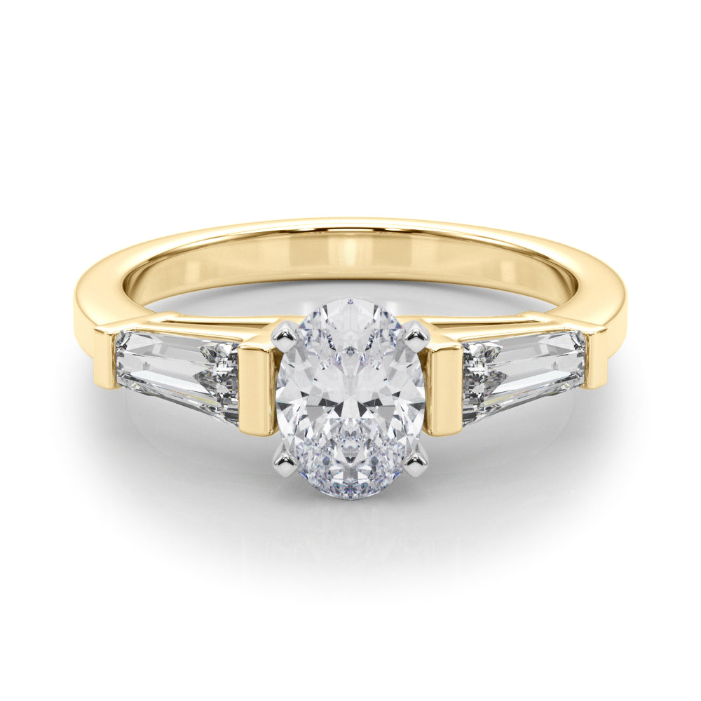 Yellow gold Oval Cut Diamond Solitaire Ring with Tapered Baguette Accents and Four-Prong Setting 1