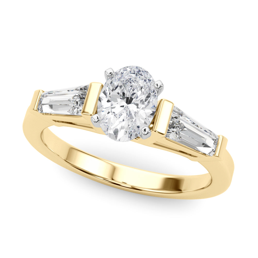 Yellow gold Oval Cut Diamond Solitaire Ring with Tapered Baguette Accents and Four-Prong Setting