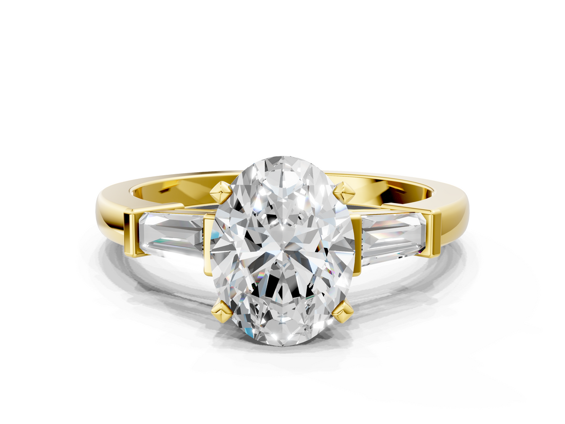 Yellow gold Oval Cut Diamond Solitaire Ring with Tapered Baguette Accents and Four-Prong Setting_75