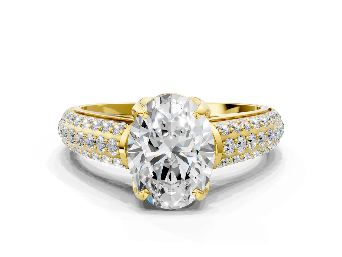Yellow gold Oval Cut Diamond Solitaire Ring with Three-Row Pavé Band and Four-Prong Setting_49