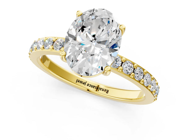Yellow gold Oval Cut Diamond Solitaire with Pave Band and Four-Prong Setting