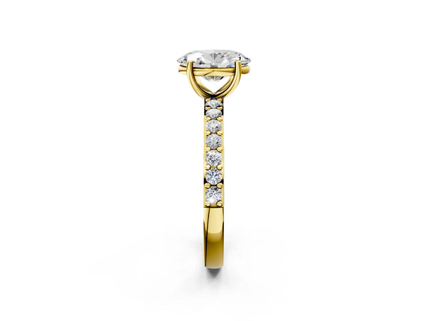 Yellow gold Oval Cut Diamond Solitaire with Pave Band and Four-Prong Setting