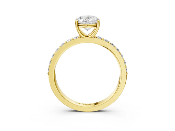 Yellow gold Oval Cut Diamond Solitaire with Pave Band and Four-Prong Setting