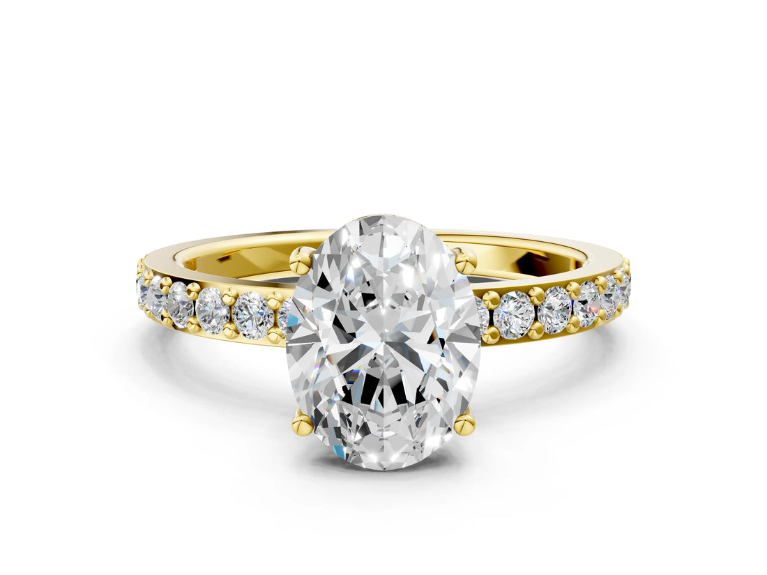 Yellow gold Oval Cut Diamond Solitaire with Pave Band and Four-Prong Setting