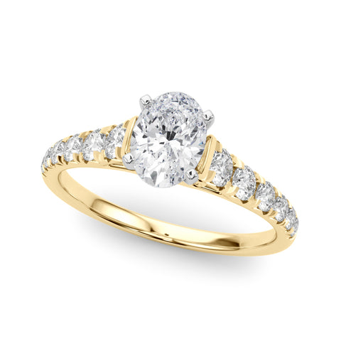 Yellow gold Oval Cut Diamond Solitaire with Pave Band and Four-Prong Setting