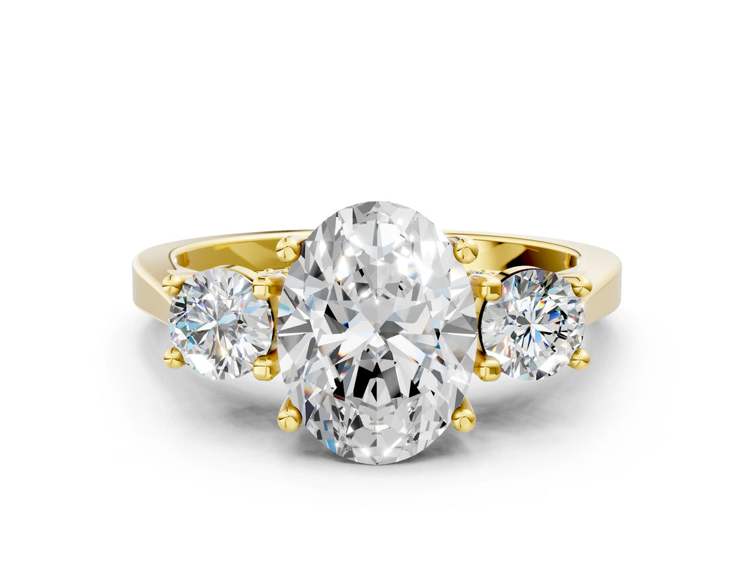 Yellow gold Oval Cut Diamond Three-Stone Engagement Ring with Prong Setting and Pavé Band_3