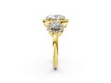 Yellow gold Oval Cut Diamond Three-Stone Halo Ring with Prong Setting and Pavé Accents_11