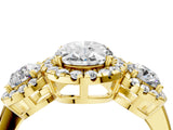 Yellow gold Oval Cut Diamond Three-Stone Halo Ring with Prong Setting and Pavé Accents_13