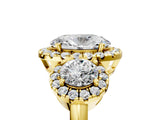 Yellow gold Oval Cut Diamond Three-Stone Halo Ring with Prong Setting and Pavé Accents_14
