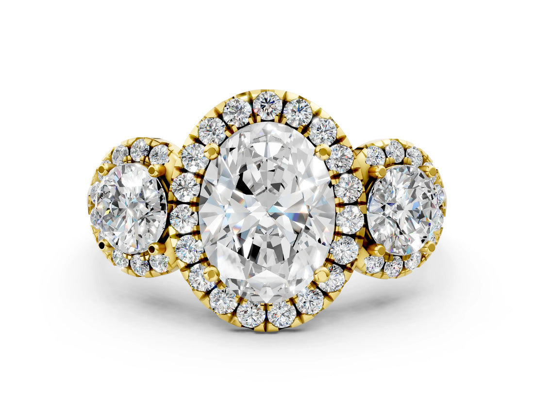 Yellow gold Oval Cut Diamond Three-Stone Halo Ring with Prong Setting and Pavé Accents_9
