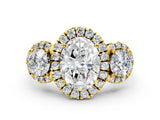 Yellow gold Oval Cut Diamond Three-Stone Halo Ring with Prong Setting and Pavé Accents_9