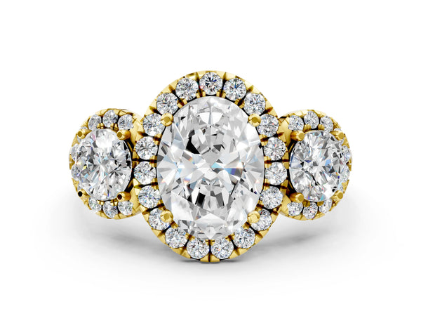 Yellow Gold Oval Three Stone Halo Engagement Ring Setting