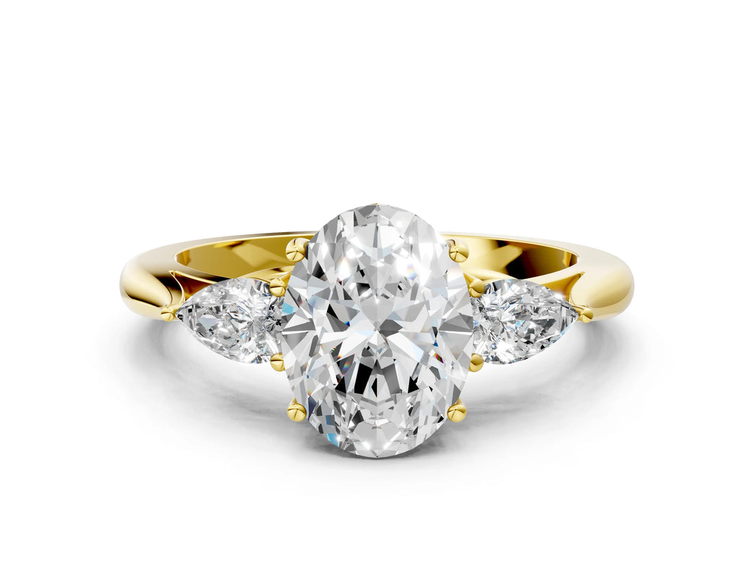 18K Yellow Gold 1.56 Carat D VS1 Oval Diamond Three-Stone Ring with Pear Side Stones and Prong Setting