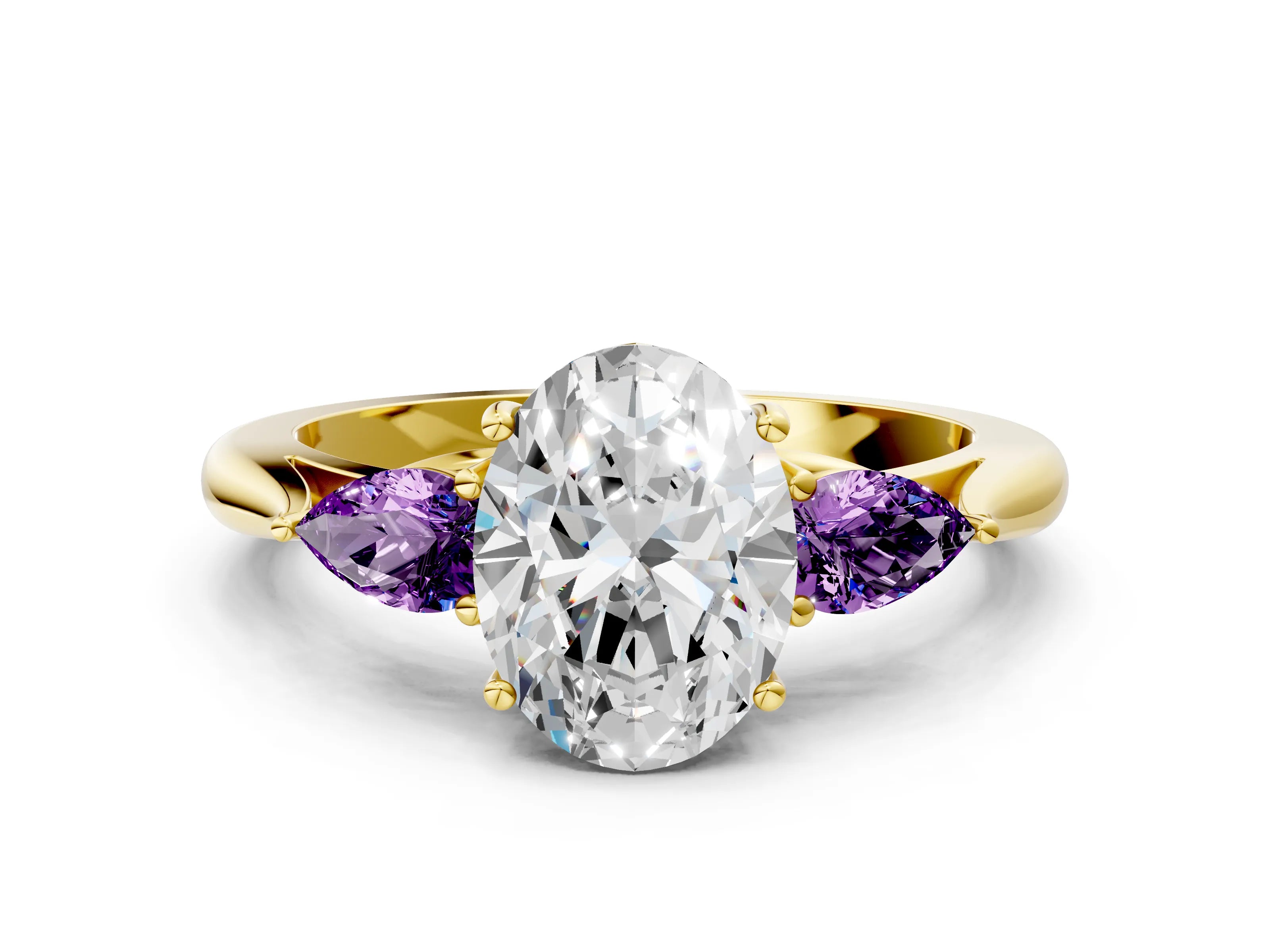 Yellow gold Oval Cut Diamond Three-Stone Ring with Pear with Amethyst side stone Side Stones and Prong Setting