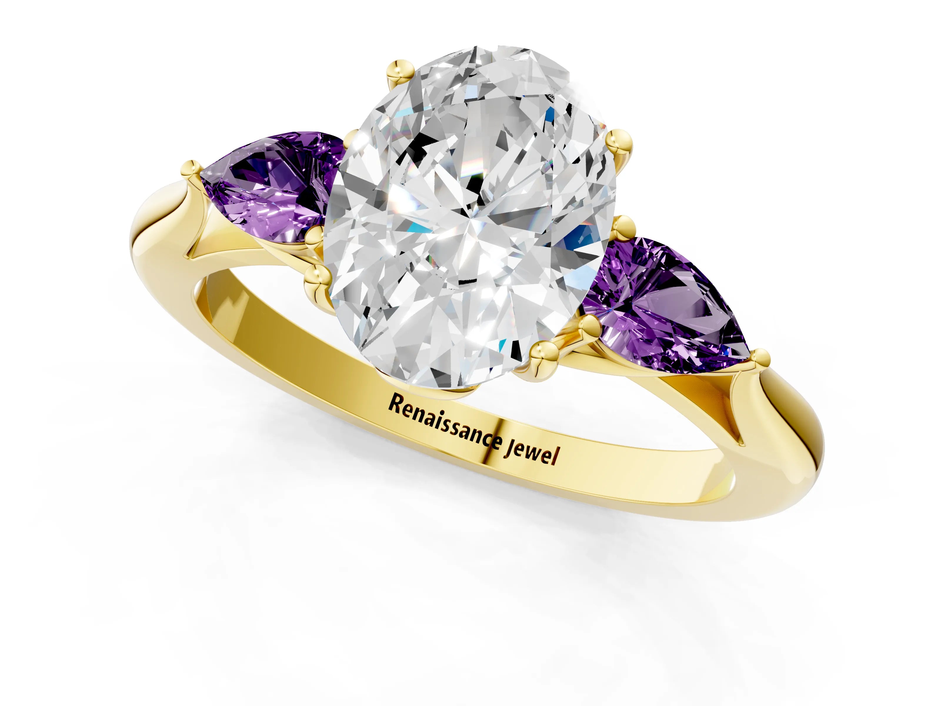 Yellow gold Oval Cut Diamond Three-Stone Ring with Pear with Amethyst side stone Side Stones and Prong Setting_1