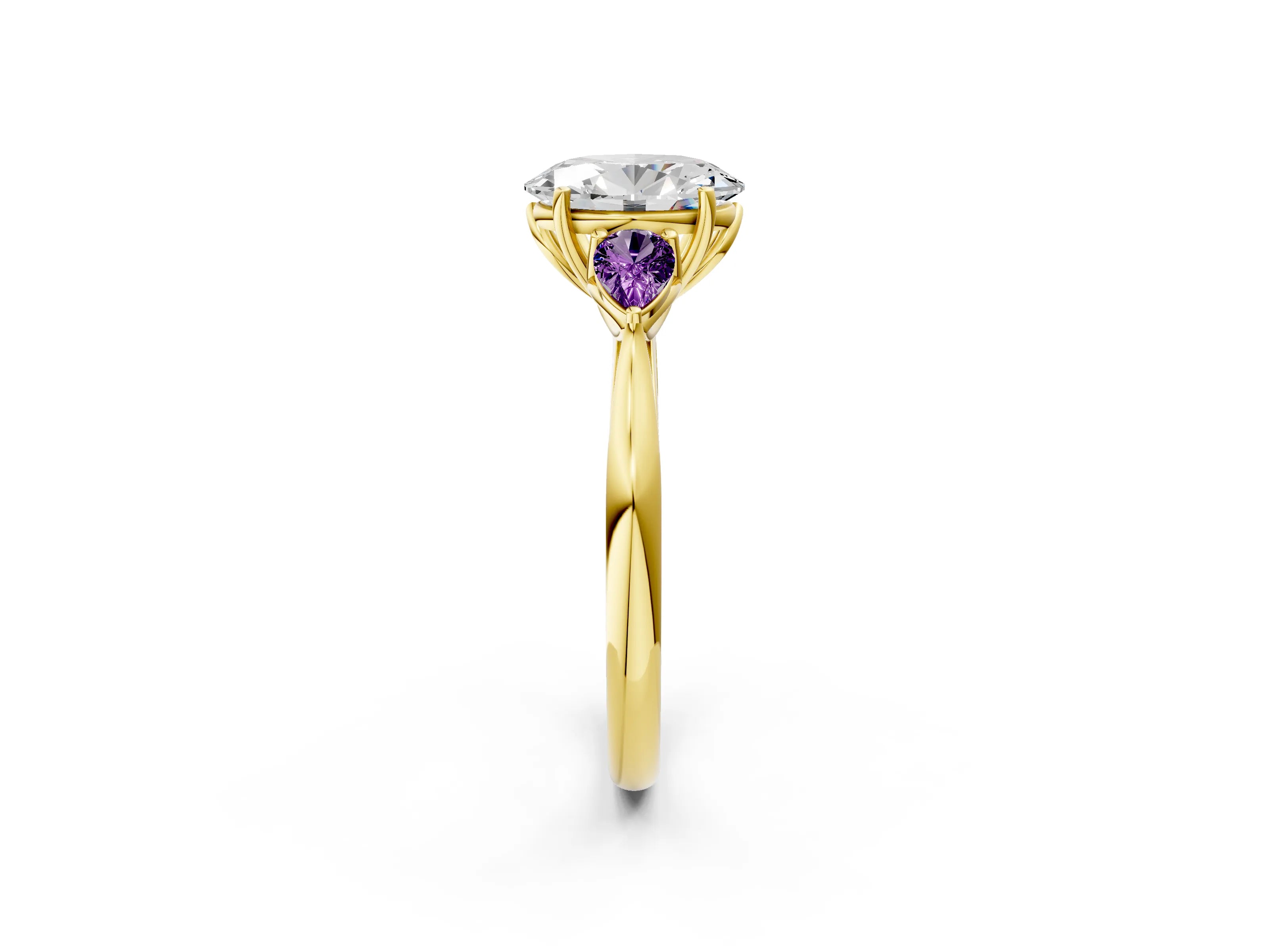 Yellow gold Oval Cut Diamond Three-Stone Ring with Pear with Amethyst side stone Side Stones and Prong Setting_2