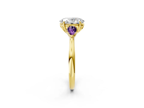 Yellow gold Oval Cut Diamond Three-Stone Ring with Pear with Amethyst side stone Side Stones and Prong Setting_2