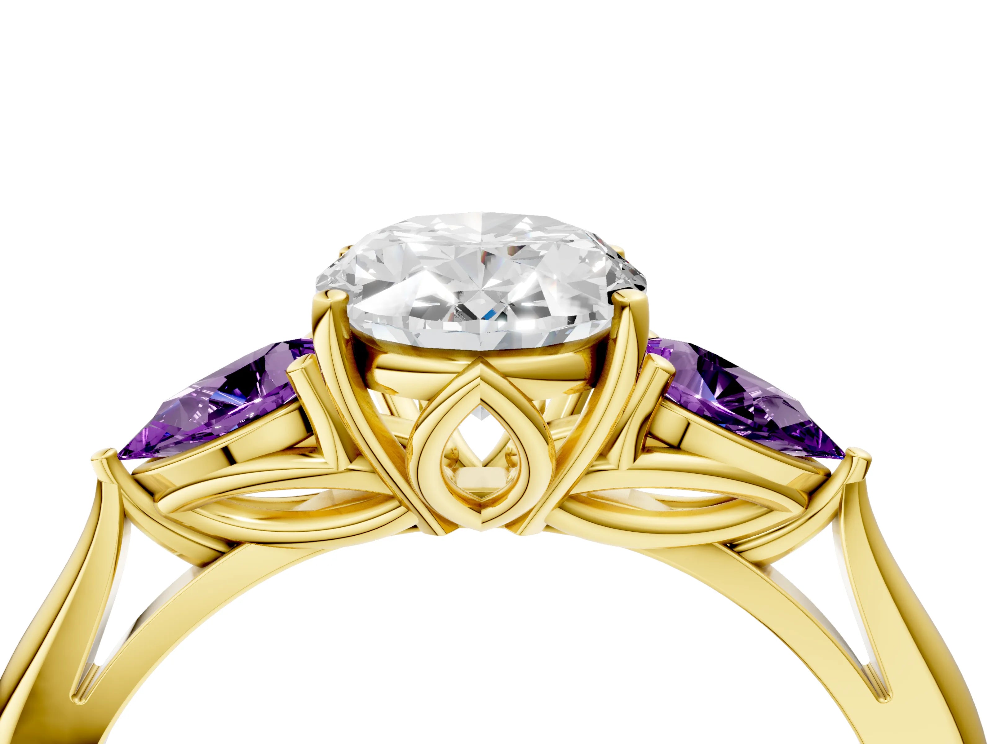 Yellow gold Oval Cut Diamond Three-Stone Ring with Pear with Amethyst side stone Side Stones and Prong Setting_4