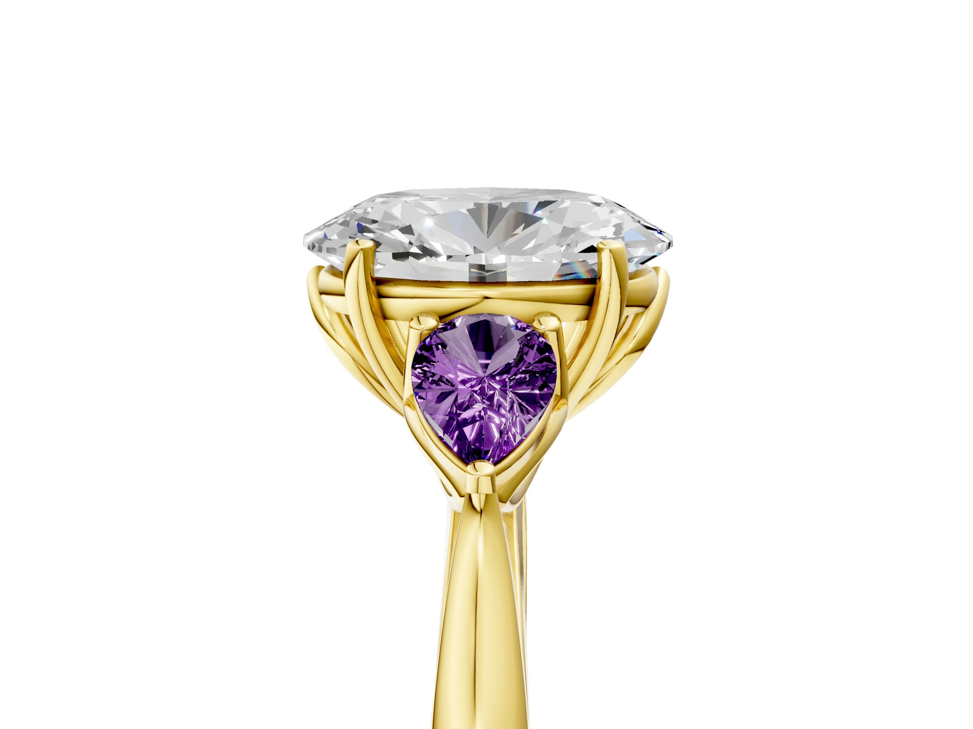 Yellow gold Oval Cut Diamond Three-Stone Ring with Pear with Amethyst side stone Side Stones and Prong Setting_5