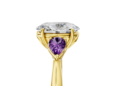 Yellow gold Oval Cut Diamond Three-Stone Ring with Pear with Amethyst side stone Side Stones and Prong Setting_5