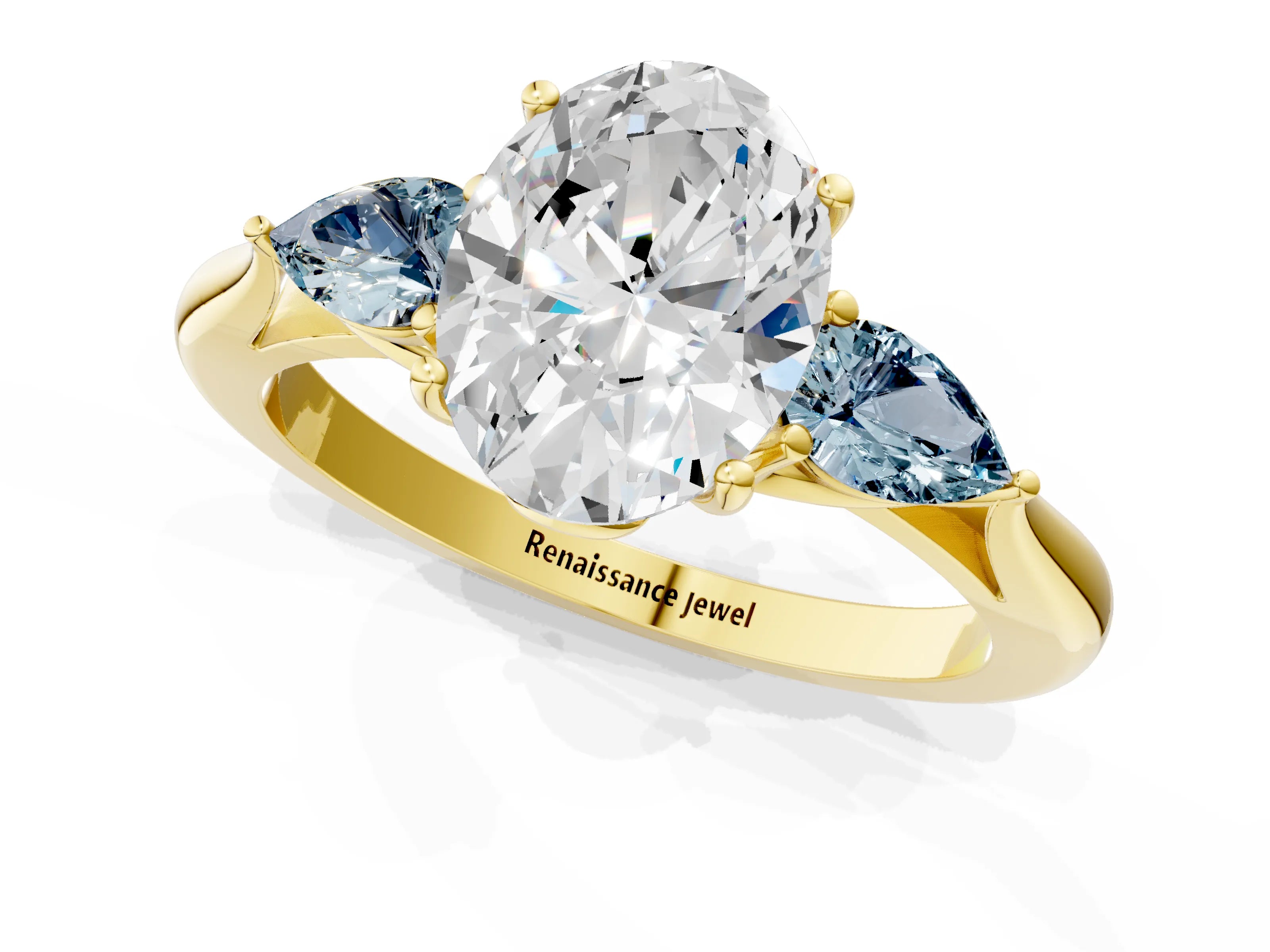 Yellow gold Oval Cut Diamond Three-Stone Ring with Pear with Aquamarine side stone Side Stones and Prong Setting_1