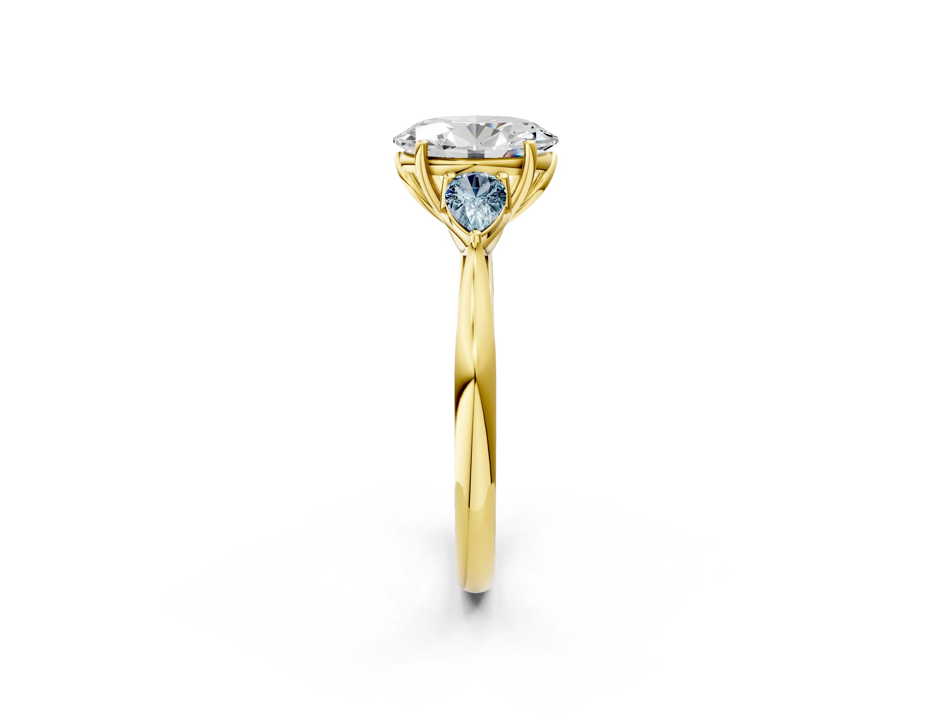 Yellow gold Oval Cut Diamond Three-Stone Ring with Pear with Aquamarine side stone Side Stones and Prong Setting_2