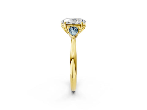 Yellow gold Oval Cut Diamond Three-Stone Ring with Pear with Aquamarine side stone Side Stones and Prong Setting_2