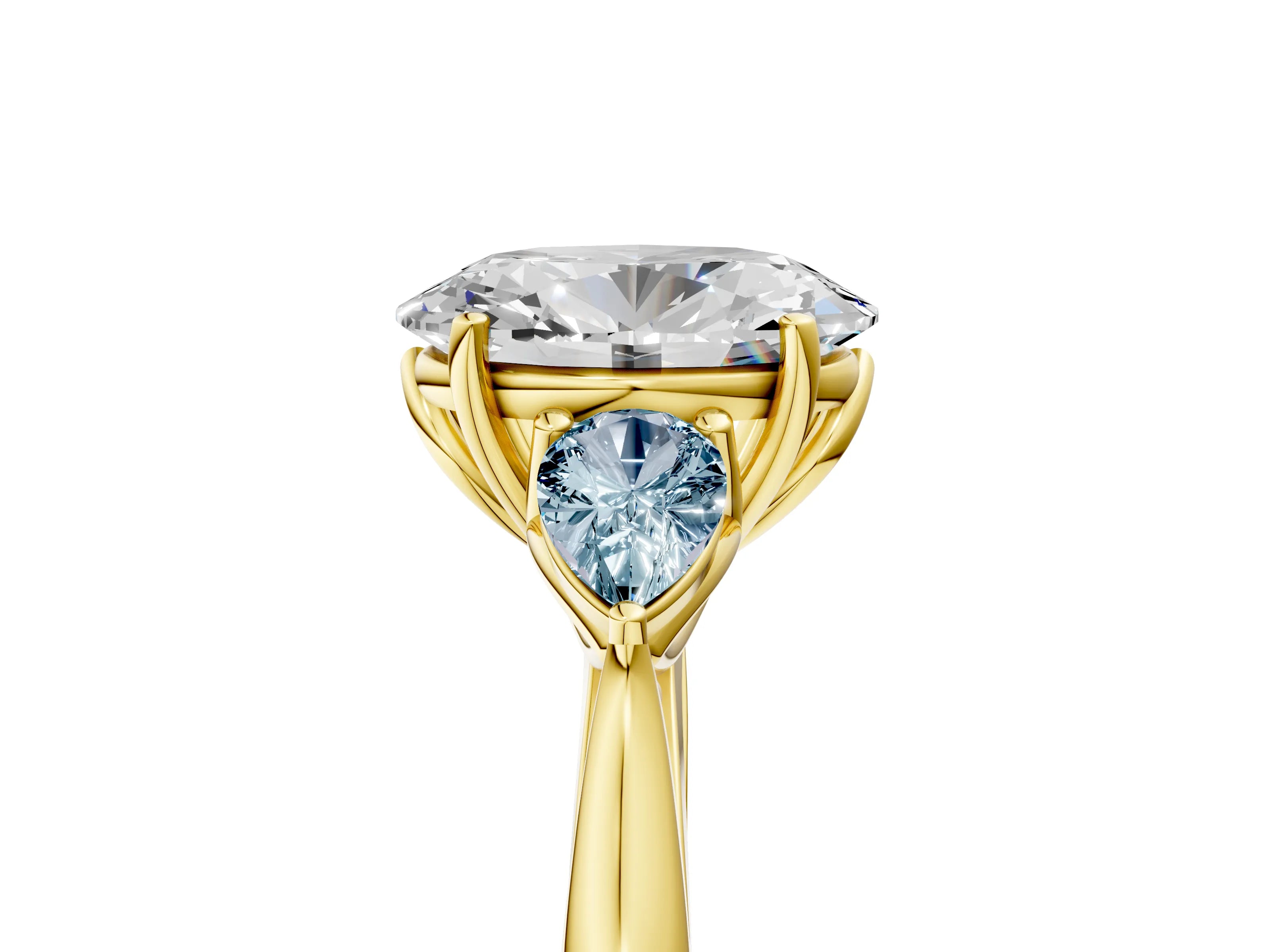Yellow gold Oval Cut Diamond Three-Stone Ring with Pear with Aquamarine side stone Side Stones and Prong Setting_5
