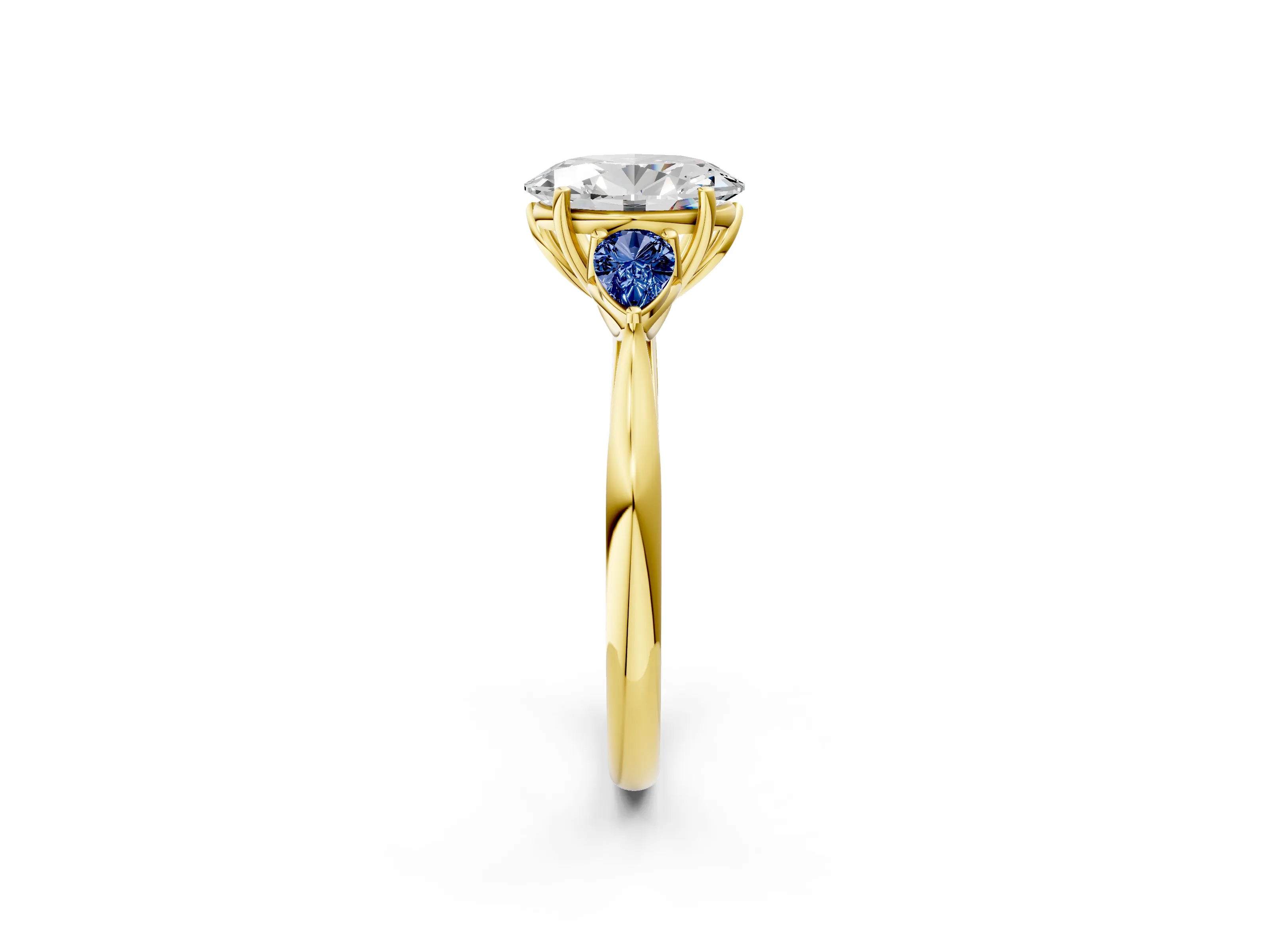 Yellow gold Oval Cut Diamond Three-Stone Ring with Pear with Blue Sapphire side stone Side Stones and Prong Setting_2