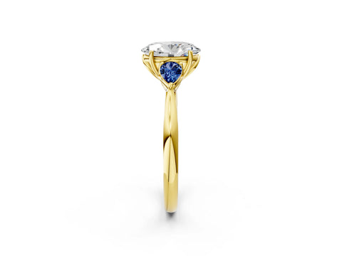 Yellow gold Oval Cut Diamond Three-Stone Ring with Pear with Blue Sapphire side stone Side Stones and Prong Setting_2