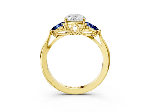 Yellow gold Oval Cut Diamond Three-Stone Ring with Pear with Blue Sapphire side stone Side Stones and Prong Setting_3
