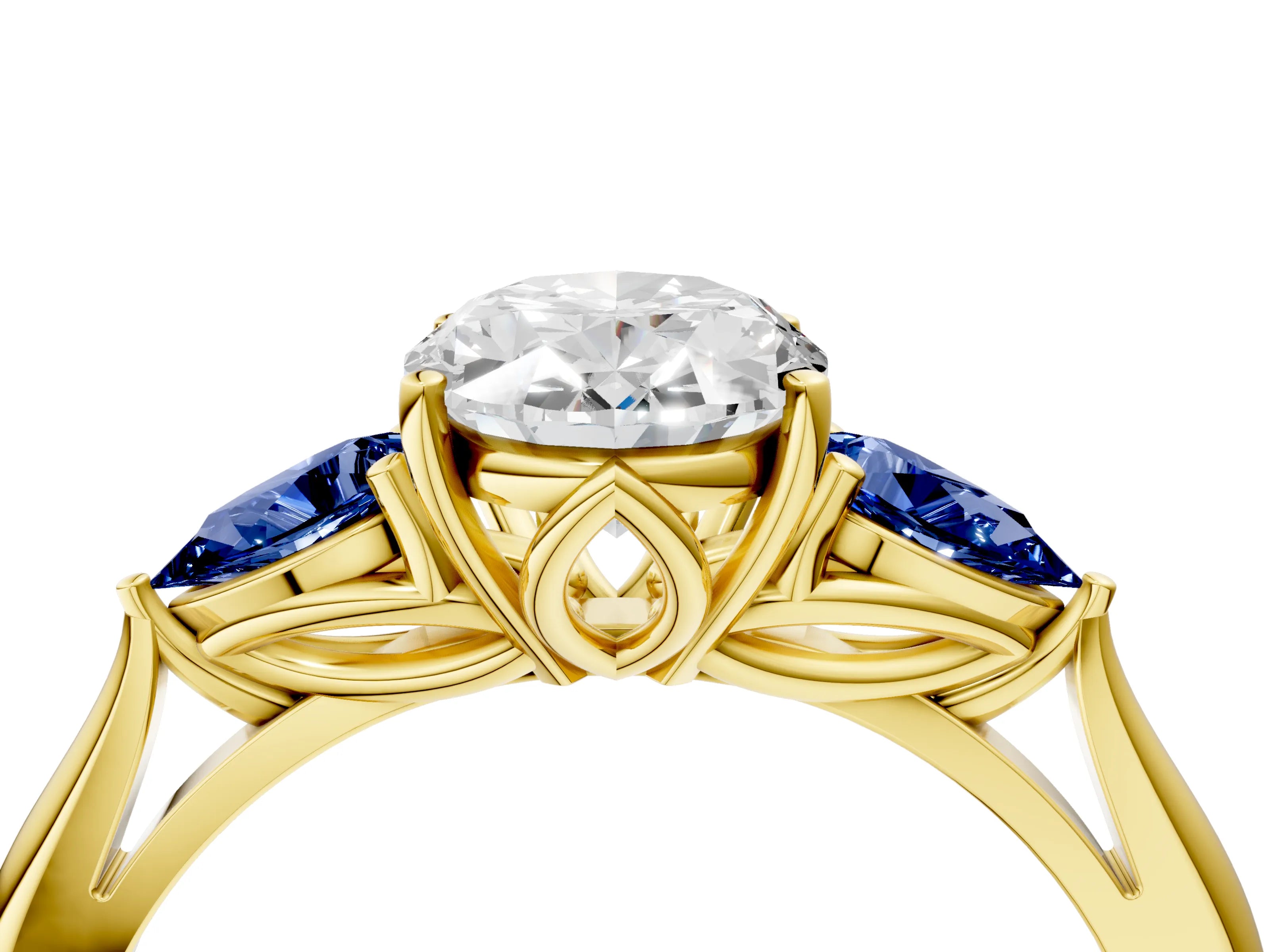 Yellow gold Oval Cut Diamond Three-Stone Ring with Pear with Blue Sapphire side stone Side Stones and Prong Setting_4