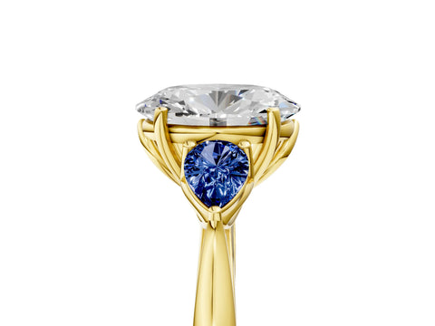 Yellow gold Oval Cut Diamond Three-Stone Ring with Pear with Blue Sapphire side stone Side Stones and Prong Setting_5