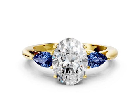 Yellow gold Oval Cut Diamond Three-Stone Ring with Pear with Blue Sapphire side stone Side Stones and Prong Setting