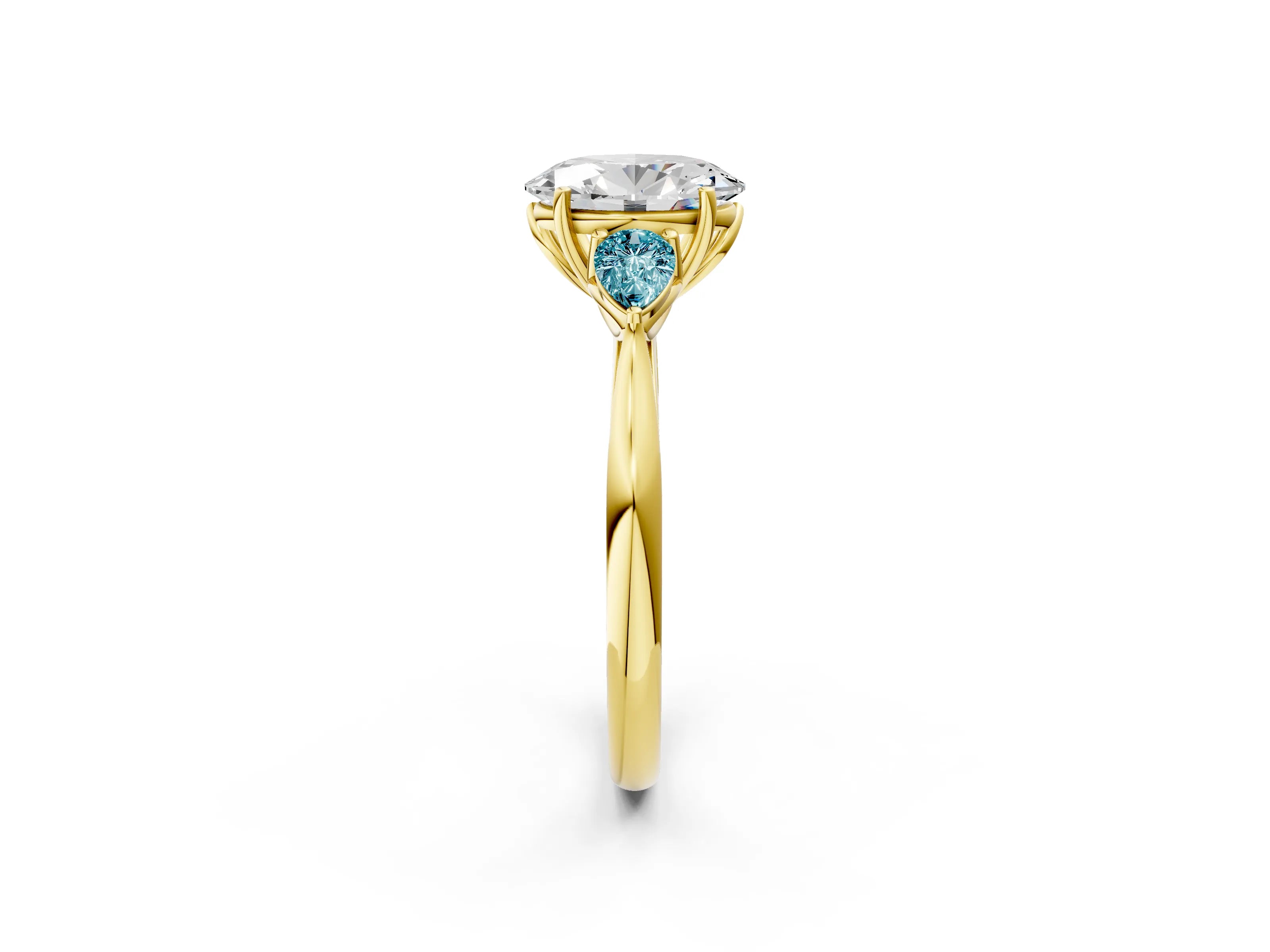 Yellow gold Oval Cut Diamond Three-Stone Ring with Pear with Blue Topaz side stone Side Stones and Prong Setting_2