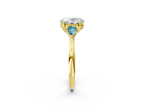 Yellow gold Oval Cut Diamond Three-Stone Ring with Pear with Blue Topaz side stone Side Stones and Prong Setting_2