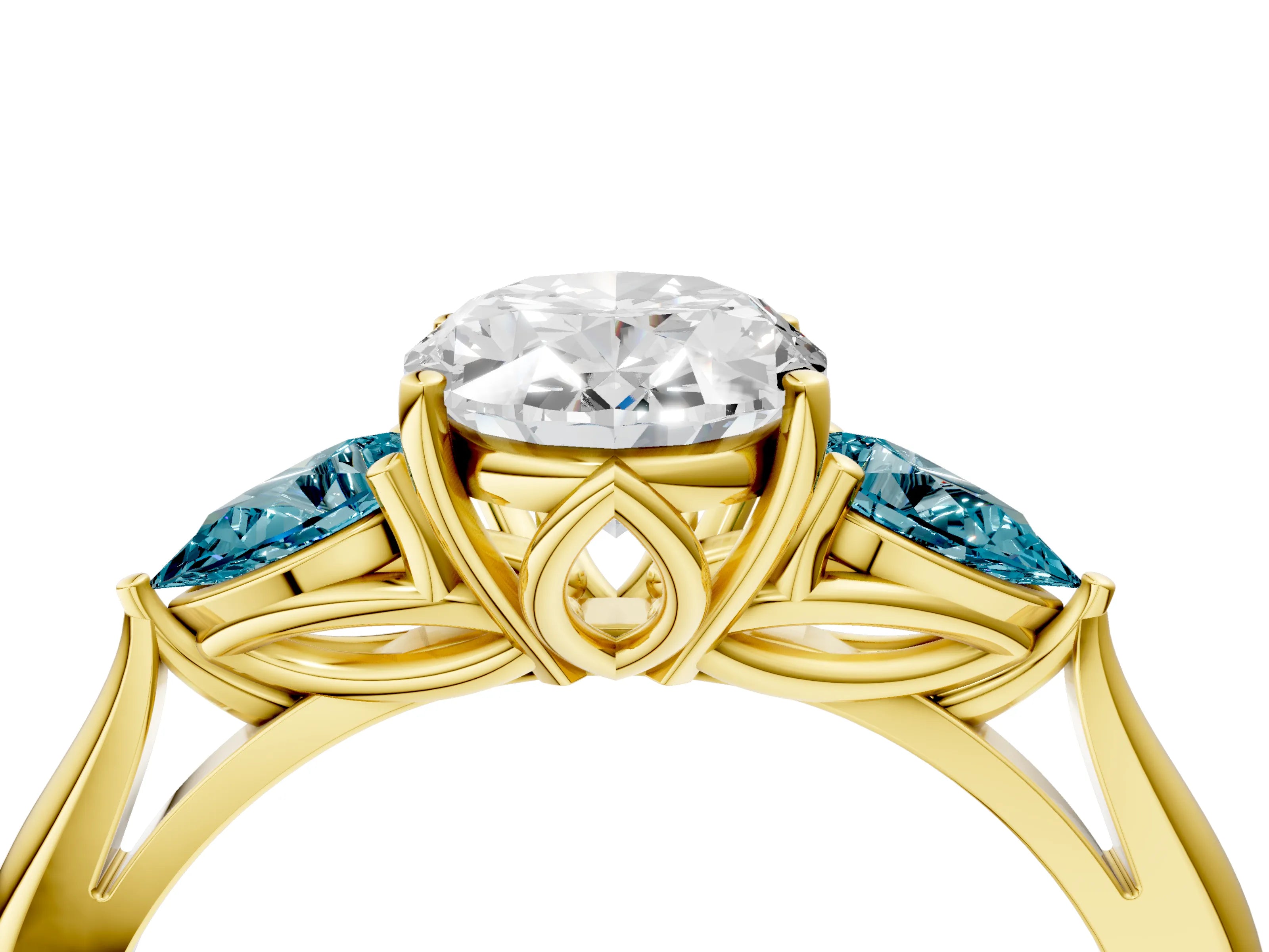 Yellow gold Oval Cut Diamond Three-Stone Ring with Pear with Blue Topaz side stone Side Stones and Prong Setting_4