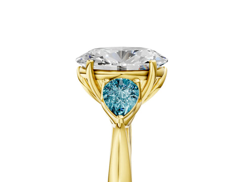 Yellow gold Oval Cut Diamond Three-Stone Ring with Pear with Blue Topaz side stone Side Stones and Prong Setting_5