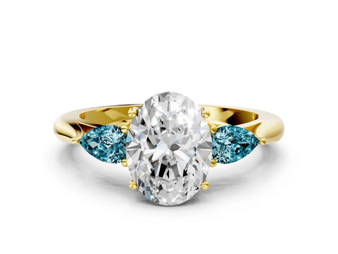 Yellow gold Oval Cut Diamond Three-Stone Ring with Pear with Blue Topaz side stone Side Stones and Prong Setting