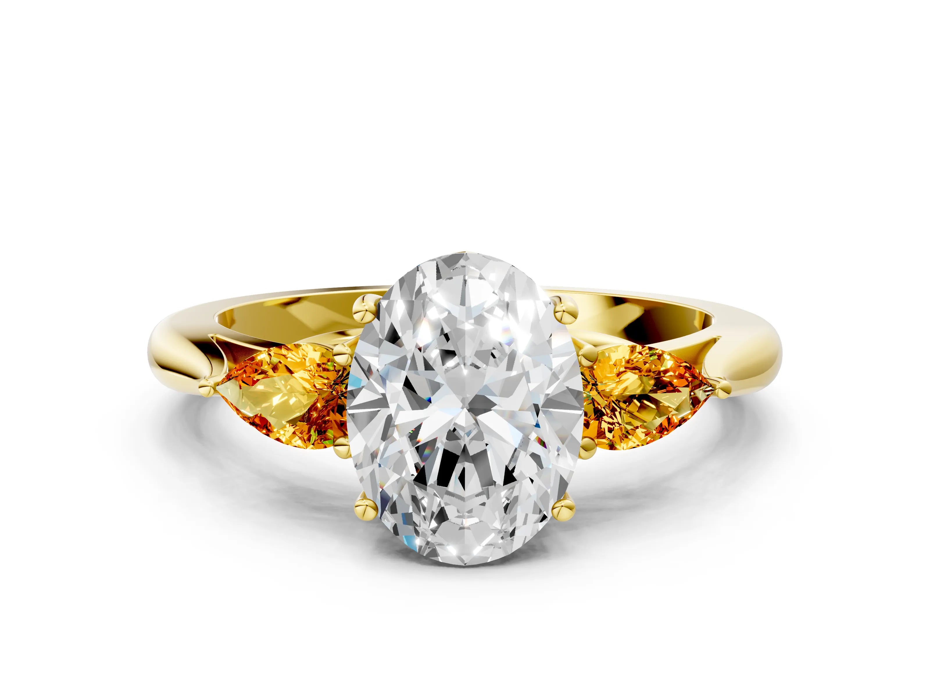 Yellow gold Oval Cut Diamond Three-Stone Ring with Pear with Citrine side stone Side Stones and Prong Setting