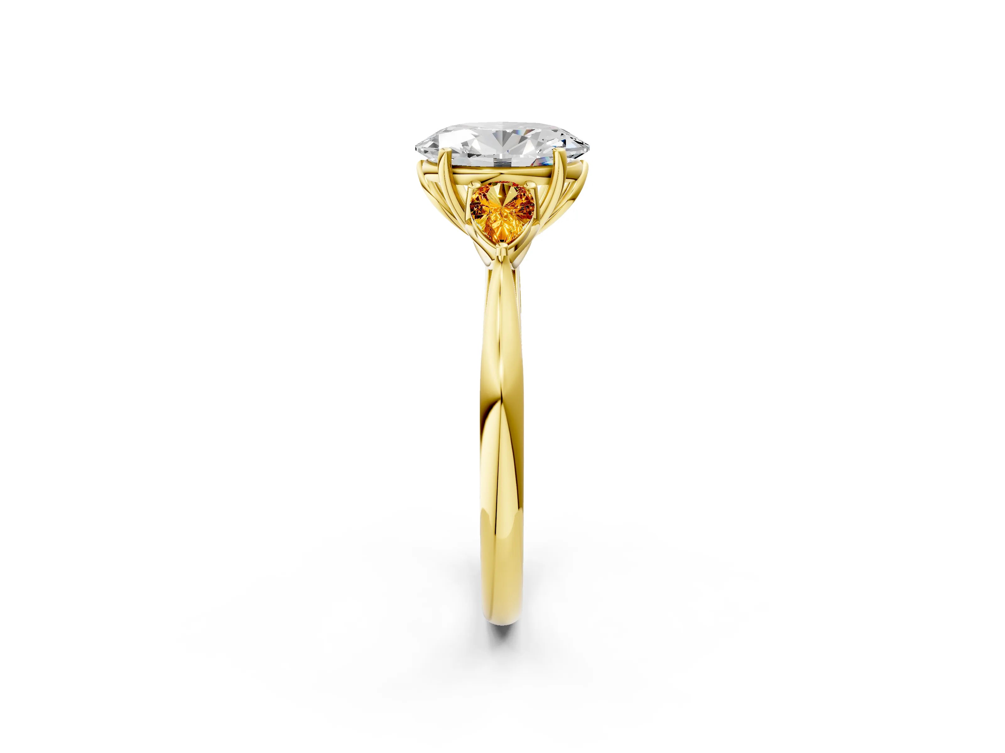 Yellow gold Oval Cut Diamond Three-Stone Ring with Pear with Citrine side stone Side Stones and Prong Setting_2
