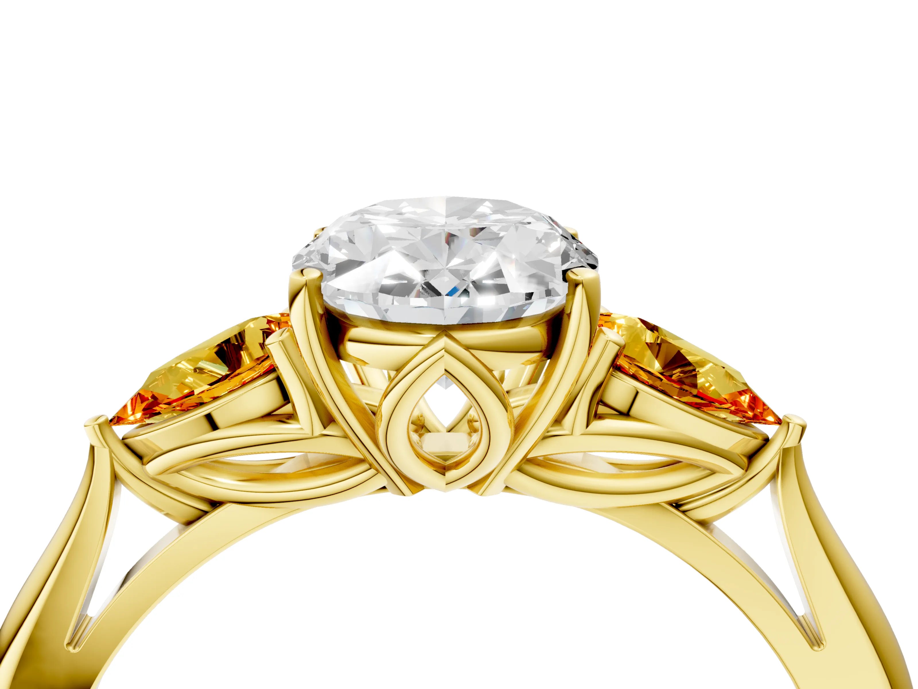 Yellow gold Oval Cut Diamond Three-Stone Ring with Pear with Citrine side stone Side Stones and Prong Setting_4