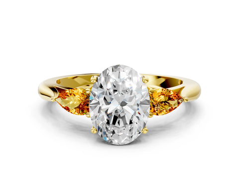 Yellow gold Oval Cut Diamond Three-Stone Ring with Pear with Citrine side stone Side Stones and Prong Setting