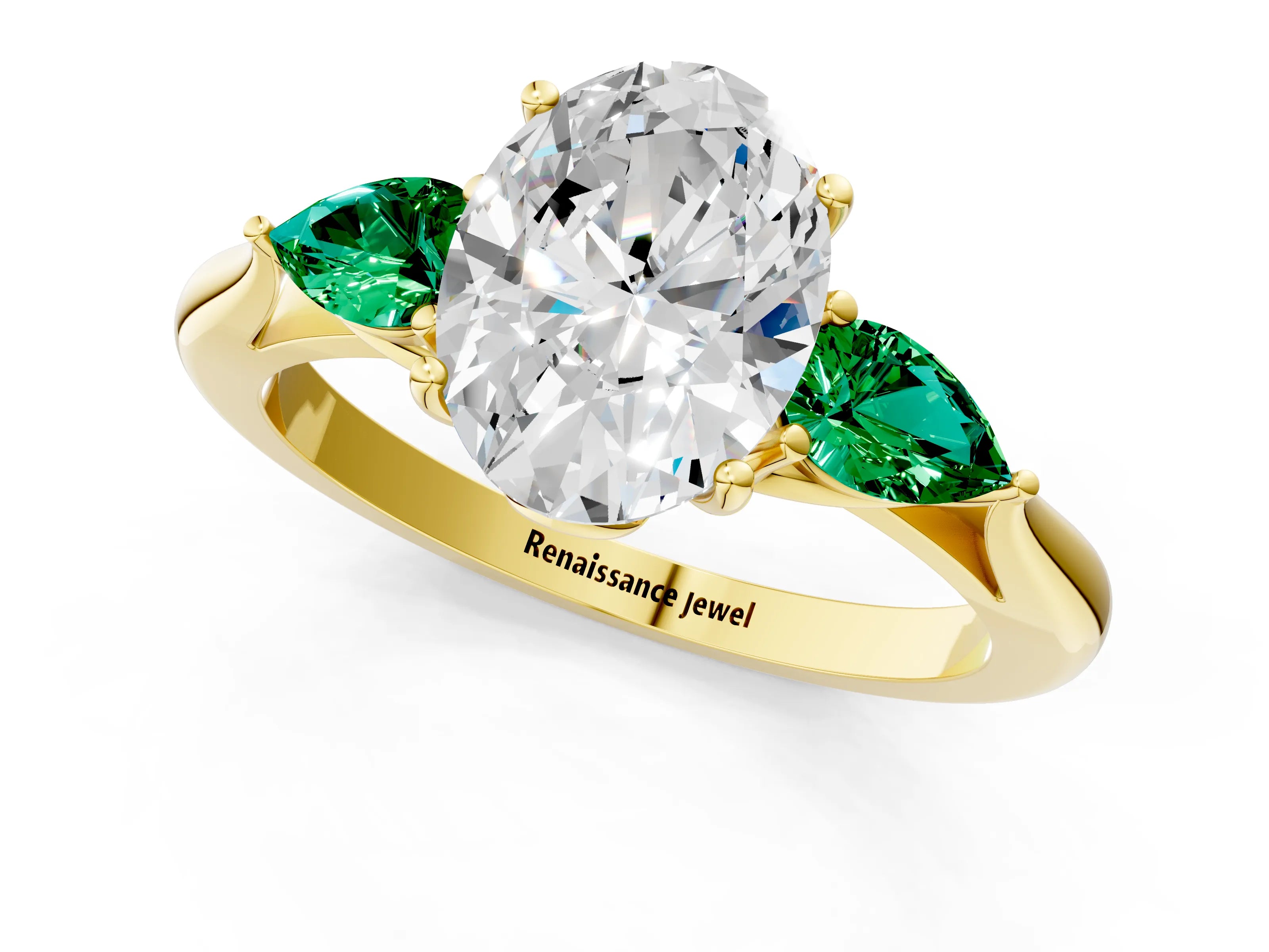 Yellow gold Oval Cut Diamond Three-Stone Ring with Pear with Emerald side stone Side Stones and Prong Setting_1