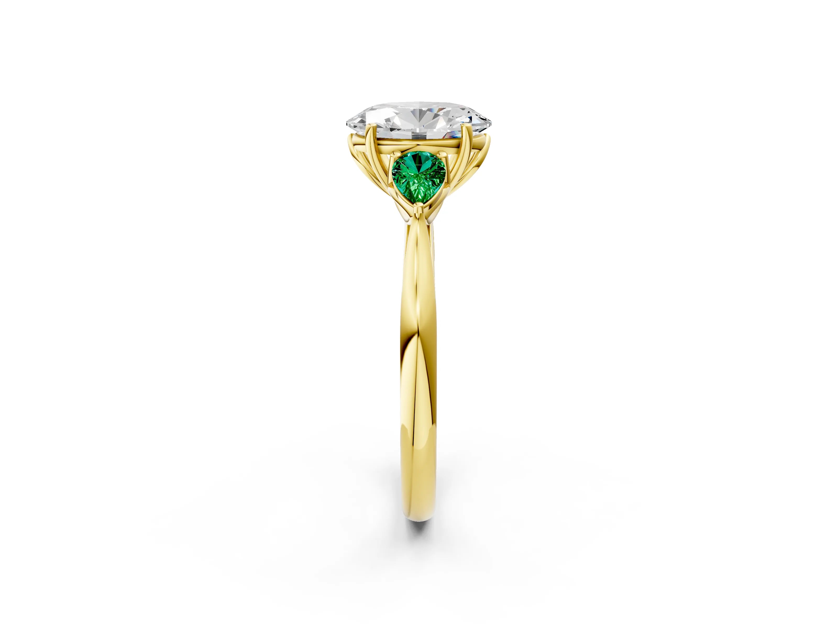 Yellow gold Oval Cut Diamond Three-Stone Ring with Pear with Emerald side stone Side Stones and Prong Setting_2