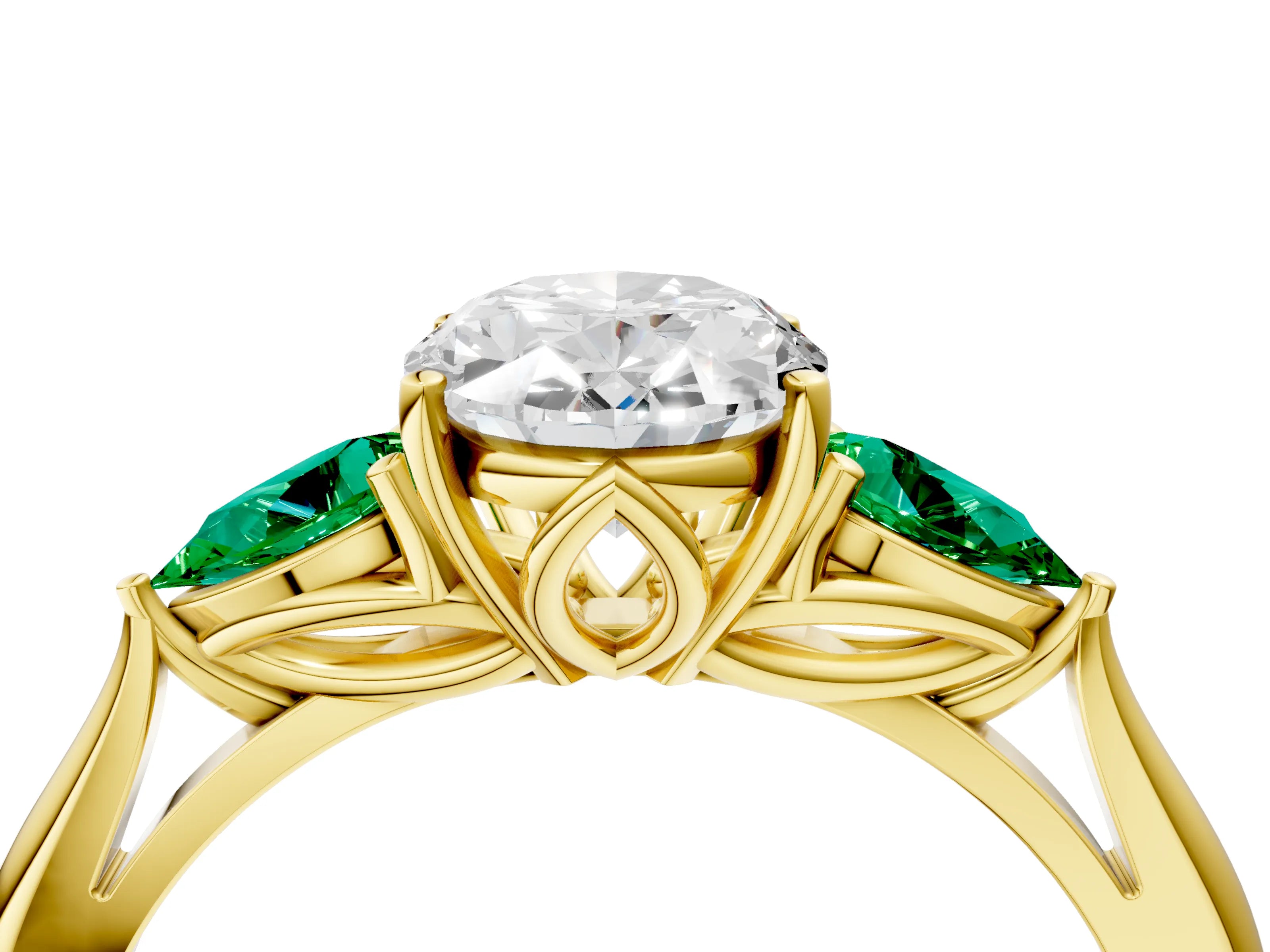 Yellow gold Oval Cut Diamond Three-Stone Ring with Pear with Emerald side stone Side Stones and Prong Setting_4
