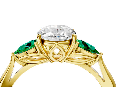 Yellow gold Oval Cut Diamond Three-Stone Ring with Pear with Emerald side stone Side Stones and Prong Setting_4